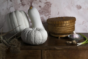 high angle white pumpkins basket